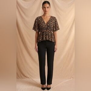 ZARA Black and Brown Bohemian Floral Print Flowy Flutter Sleeve Top - Size S